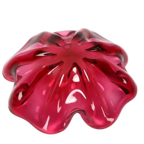 150 - A mid 20th century studio glass bowl, cranberry glass in flower form with polished pontil, diameter ... 