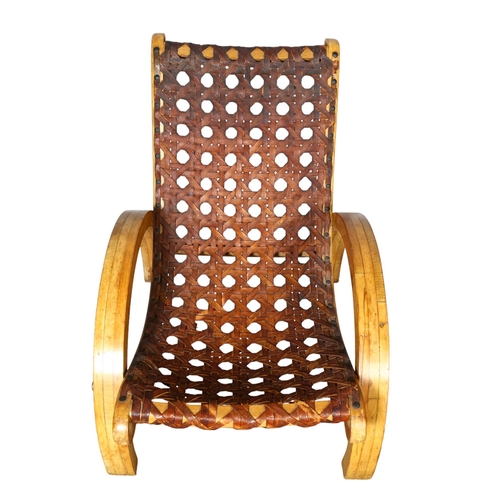 158 - A mid-century French woven leather lounge chair in the Art Deco manner, height 80cm, width 66cm, dep... 