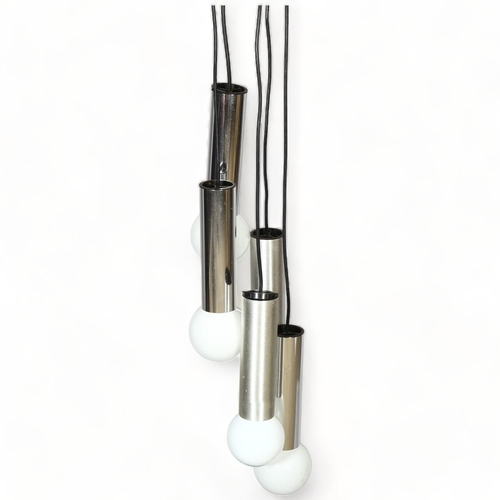 168 - A 1970s' five branch pendant ceiling light fitting, with brushed and smooth aluminium covers over gl... 