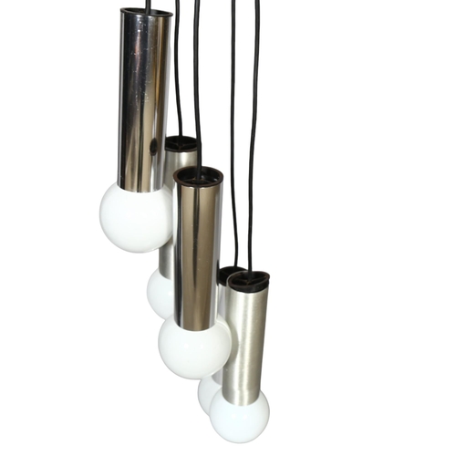 168 - A 1970s' five branch pendant ceiling light fitting, with brushed and smooth aluminium covers over gl... 