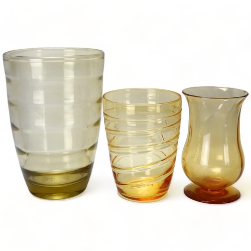 179 - 3 pieces of mid-century amber glassware vases, including Whitefriars, tallest 25cm