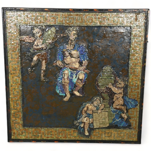 187 - A mid-century tiled mosaic painting of a Roman Emperor and putti, framed, 92 x 92cm