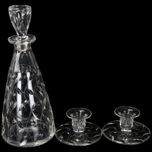 61 - CLYNE FARQAURSON(1906-78), two cut glass candlesticks and a similar leaf pattern decanter, candlesti... 