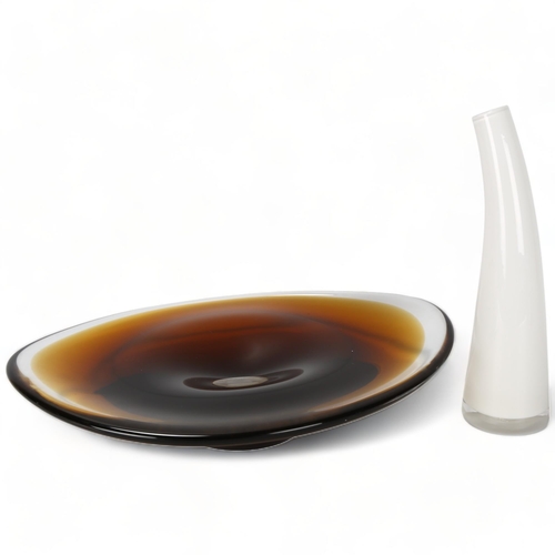 76 - A mid-century amber glass eliptical dish, in the manner of Vicke Lindstrand and another white art gl... 