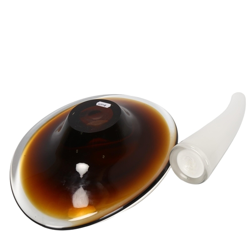 76 - A mid-century amber glass eliptical dish, in the manner of Vicke Lindstrand and another white art gl... 