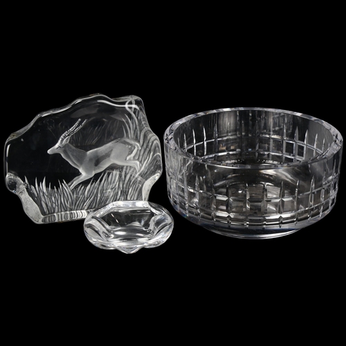 78 - 3 Pieces of Swedish mid-century glass, a large Kosta bowl, an Orrefors dish and a Kosta etched Antel... 