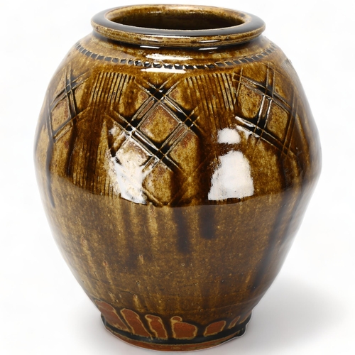 92 - MIKE DODD (b.1943- ), British, an impressed and sgraffito ash glazed vase, impressed makers mark, he... 