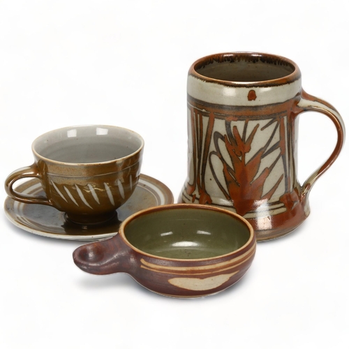 98 - HARRY & MAY DAVIS, Crowan Pottery, 3 pieces of studio pottery, tankard, cup & saucer and handled bow... 