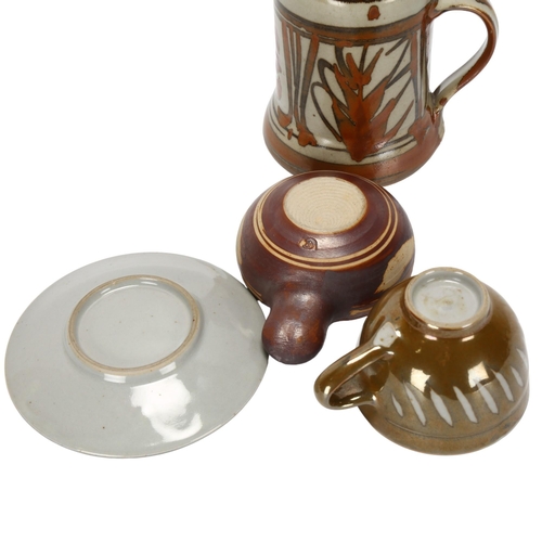 98 - HARRY & MAY DAVIS, Crowan Pottery, 3 pieces of studio pottery, tankard, cup & saucer and handled bow... 