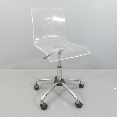 2025 - A contemporary acrylic ergonomic swivel desk chair on chrome base, with rise and fall mechanism.