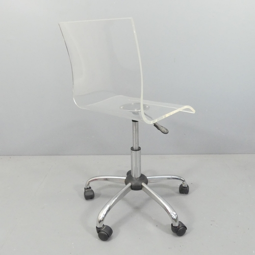 2025 - A contemporary acrylic ergonomic swivel desk chair on chrome base, with rise and fall mechanism.