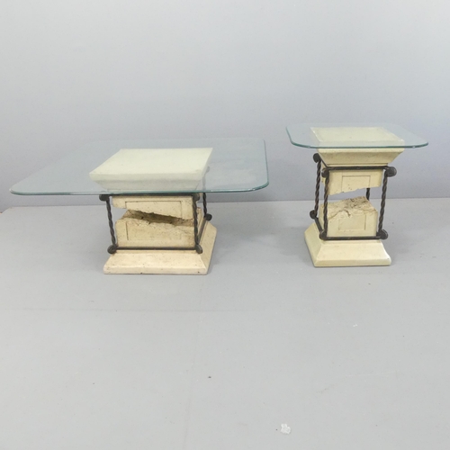 2027 - Two similar contemporary square glass-topped coffee tables on composite pedestal bases. Largest 90x4... 