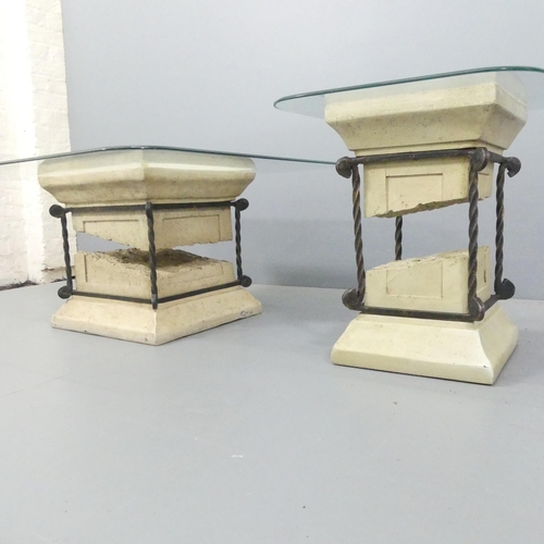 2027 - Two similar contemporary square glass-topped coffee tables on composite pedestal bases. Largest 90x4... 