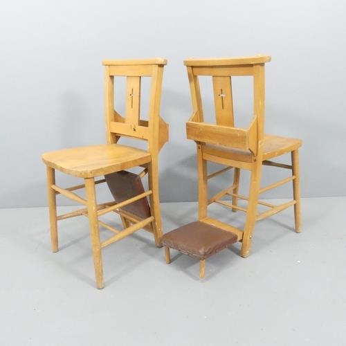 2101 - A set of eight elm seated chapel chairs, with folding leather upholstered kneeling cushions.