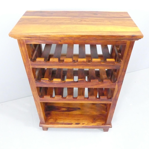 2106 - A modern hardwood 29-bottle wine rack with shelf below. 80x121x41cm.