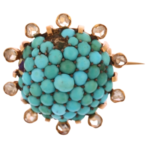 1146 - An Antique French turquoise and diamond bombe brooch, unmarked gold closed-back settings with round ... 