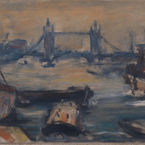 557 - Thames view towards Tower Bridge, mid-20th century impressionist oil on canvas, indistinctly signed ... 