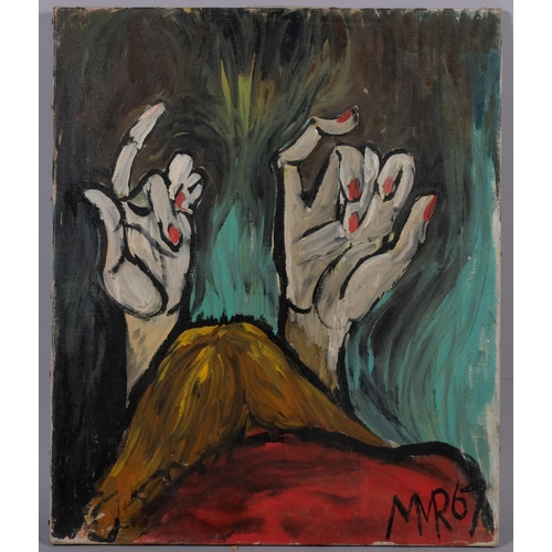 561 - Study of hands, mid-20th century oil on canvas, signed with monogram MMR '67, 61cm x 51cm, unframed