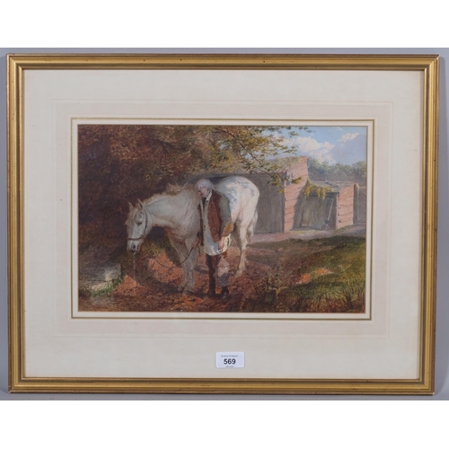 569 - The watering place, 19th century watercolour/body colour, signed with monogram JFW, 24.5cm x 37.5cm,... 