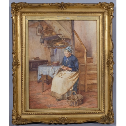 571 - Walter Langley (1852 - 1922), peeling potatoes, watercolour, signed, 35cm x 28cm, framed, provenance... 