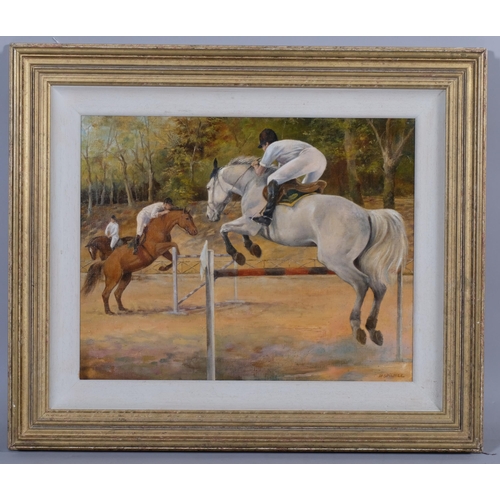 573 - Sarah Aspinall (born 1965), show jumping scene, oil on canvas, signed, 40cm x 50cm, framed