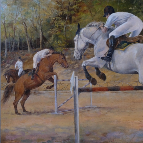 573 - Sarah Aspinall (born 1965), show jumping scene, oil on canvas, signed, 40cm x 50cm, framed