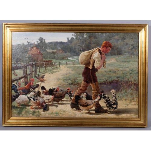 578 - Alphonse Cullis, farm boy feeding the poultry, oil on canvas, signed with monogram, dated 1884, 61cm... 