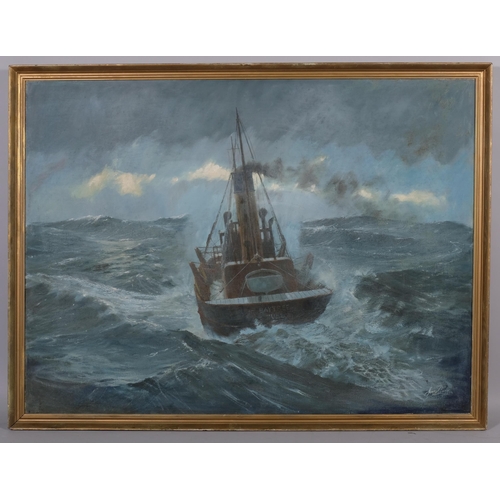 581 - James Kirby (1917 - 1999), boat on stormy seas, oil on board, signed, 90cm x 121cm, framed