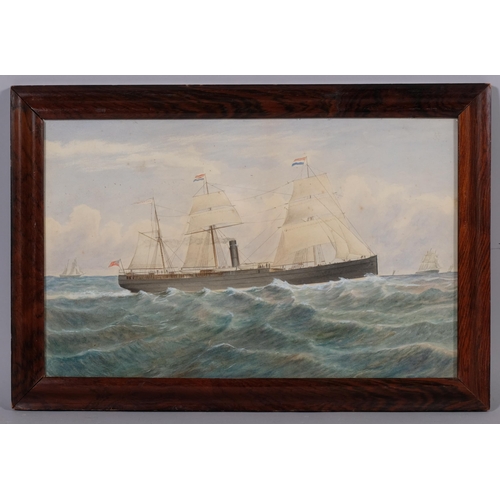 585 - The steam and sail ship Dorunda, 19th century watercolour on paper, unsigned, 28cm x 44cm, framed