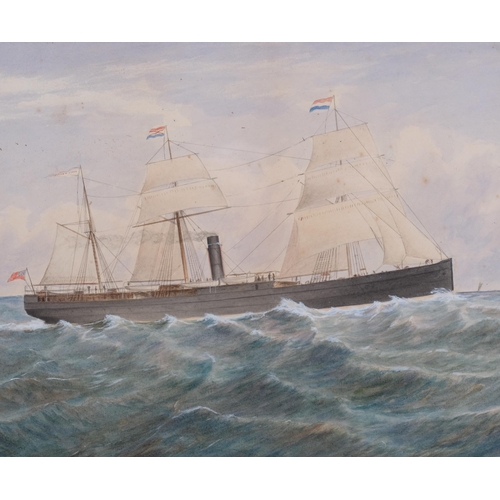 585 - The steam and sail ship Dorunda, 19th century watercolour on paper, unsigned, 28cm x 44cm, framed