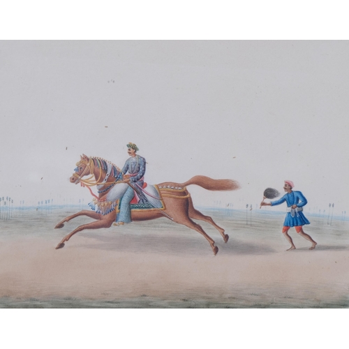 587 - 19th century Indian School, detailed study of a figure on horseback followed by a servant, watercolo... 