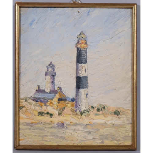 590 - 20th century French School, view of a lighthouse, oil on board, unsigned, dated 1936 verso, 23cm x 1... 