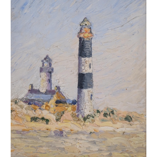 590 - 20th century French School, view of a lighthouse, oil on board, unsigned, dated 1936 verso, 23cm x 1... 