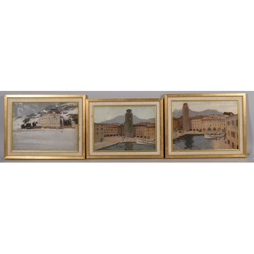 593 - Manner of Harry Watson (1871 - 1936), 3 city scenes Switzerland, oils on board, inscribed verso, lar... 