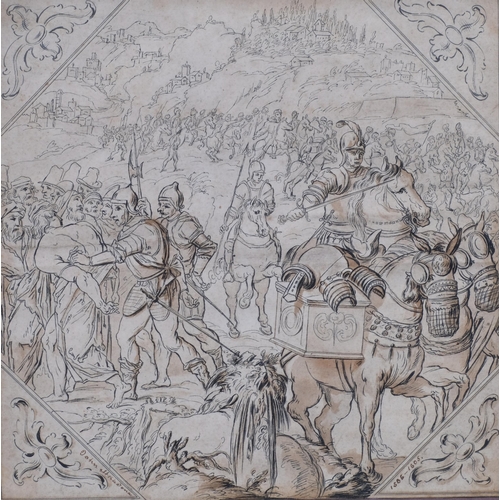 594 - Pair of Old Master style pen and ink drawings, Classical and battle scenes, 36cm x 36cm, mounted