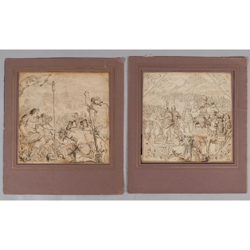 594 - Pair of Old Master style pen and ink drawings, Classical and battle scenes, 36cm x 36cm, mounted