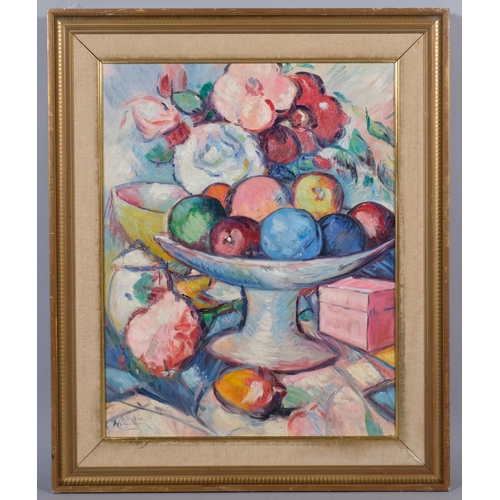 595 - After Gerald Leslie Hunter, still life study, oil on board, mid-20th century, 58cm x 45cm, framed