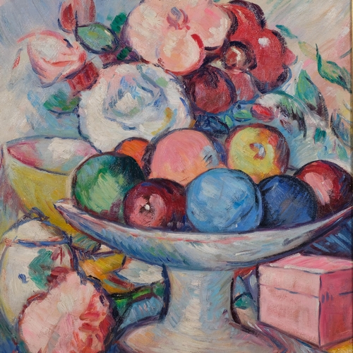 595 - After Gerald Leslie Hunter, still life study, oil on board, mid-20th century, 58cm x 45cm, framed