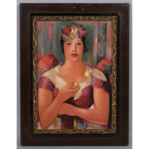 598 - Contemporary portrait of a woman, oil on canvas laid on board, unsigned, 46cm x 32cm, framed