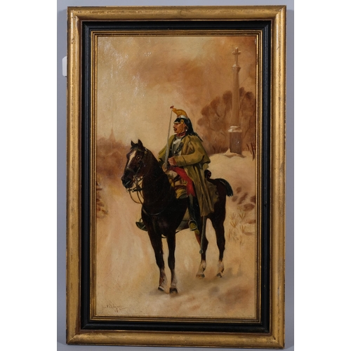 599 - Style of Jan Chelminski, soldier on horseback, oil on canvas, 60cm x 34cm, framed