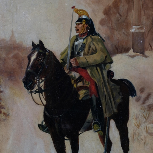 599 - Style of Jan Chelminski, soldier on horseback, oil on canvas, 60cm x 34cm, framed