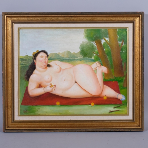 601 - After F Botero, nude portrait, oil on canvas laid on board, 40cm x 50cm, framed