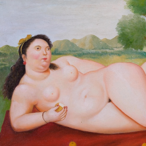 601 - After F Botero, nude portrait, oil on canvas laid on board, 40cm x 50cm, framed