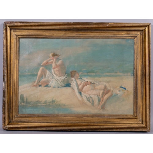 606 - Circle of Robert Gemmel Hutchinson, nude bathers at the beach, oil on canvas, unsigned, inscribed ve... 