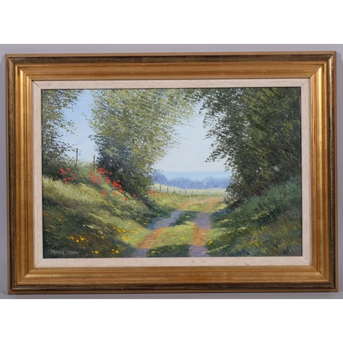 610 - Pamela Derry, a country lane, impressionist oil on board, signed, 30cm x 45cm, framed