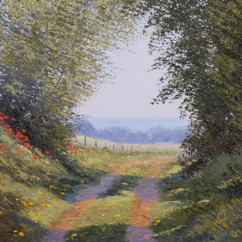 610 - Pamela Derry, a country lane, impressionist oil on board, signed, 30cm x 45cm, framed