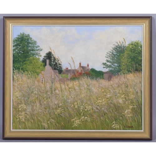 611 - E Sheen, meadow scene, oil on canvas, signed with various information and documents verso, 40cm x 50... 