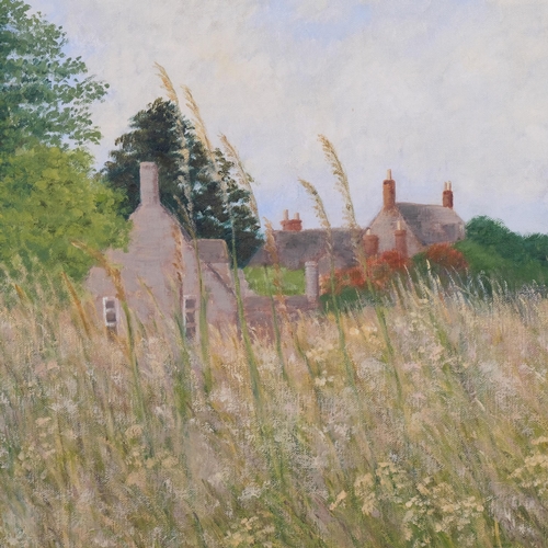 611 - E Sheen, meadow scene, oil on canvas, signed with various information and documents verso, 40cm x 50... 