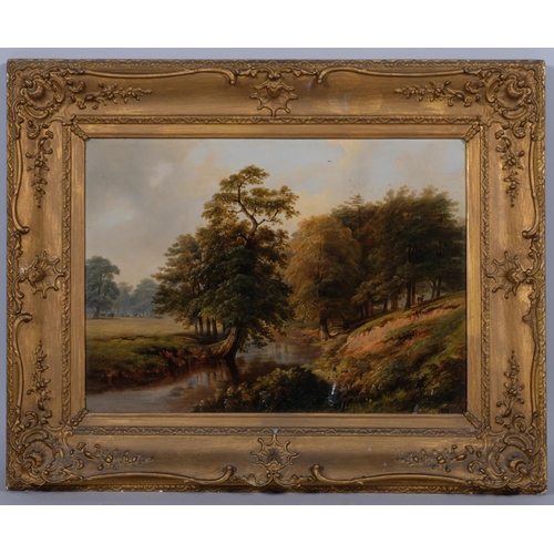 613 - 19th century English School, deer near a woodland stream, oil on wood panel, unsigned, 33cm x 45cm, ... 