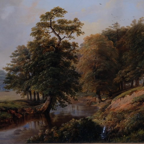 613 - 19th century English School, deer near a woodland stream, oil on wood panel, unsigned, 33cm x 45cm, ... 